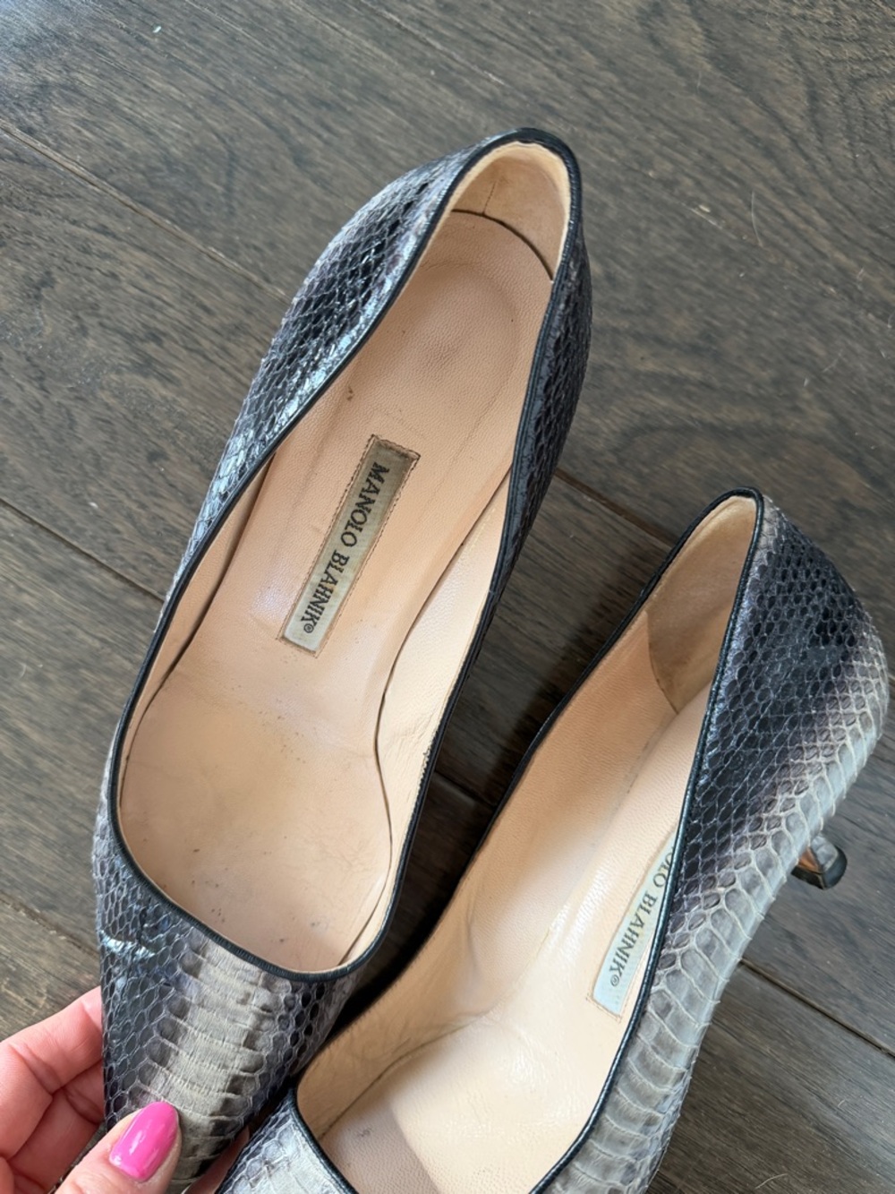 Manolo Blahnik Brown Python-Effect Pointed Toe Kitten Heels - Picture 7 of 13